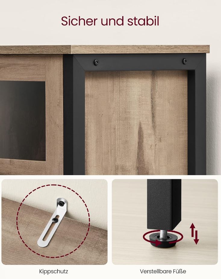Sideboard Küchenschrank mit Glastüren, Stahlrahmen, Industriestil