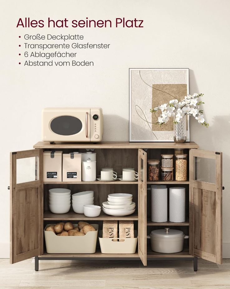 Sideboard Küchenschrank mit Glastüren, Stahlrahmen, Industriestil