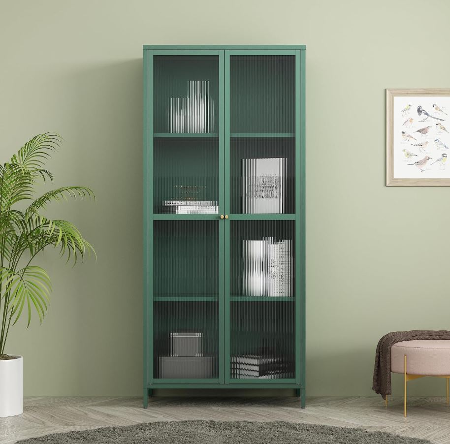 Vitrinenschrank Säkylä 180x80x35 cm mit 2 Türen, geriffeltes Glas, Tannengrün