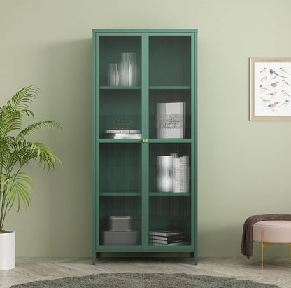 Vitrinenschrank Säkylä 180x80x35 cm mit 2 Türen, geriffeltes Glas, Tannengrün