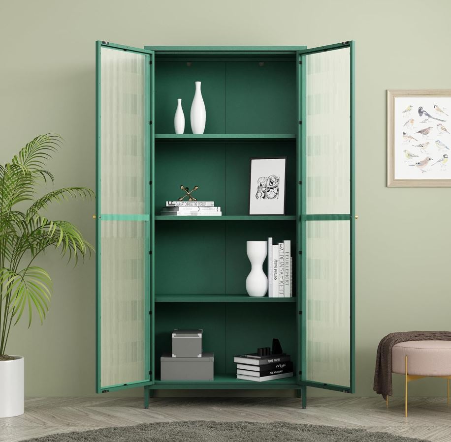 Vitrinenschrank Säkylä 180x80x35 cm mit 2 Türen, geriffeltes Glas, Tannengrün