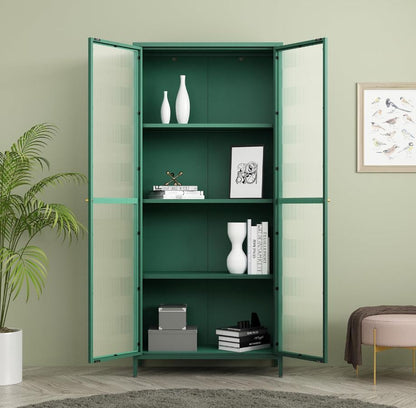 Vitrinenschrank Säkylä 180x80x35 cm mit 2 Türen, geriffeltes Glas, Tannengrün