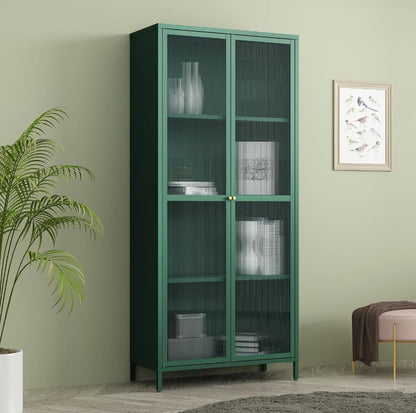 Vitrinenschrank Säkylä 180x80x35 cm mit 2 Türen, geriffeltes Glas, Tannengrün