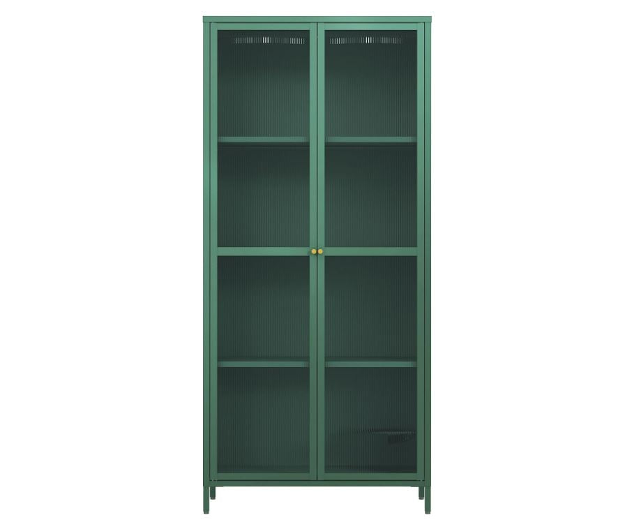 Vitrinenschrank Säkylä 180x80x35 cm mit 2 Türen, geriffeltes Glas, Tannengrün
