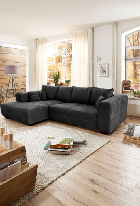 XXL Ecksofa mit Longchair Links, Rücken- & Zierkissen, Industrial Style, 285 x 69 x 170 cm