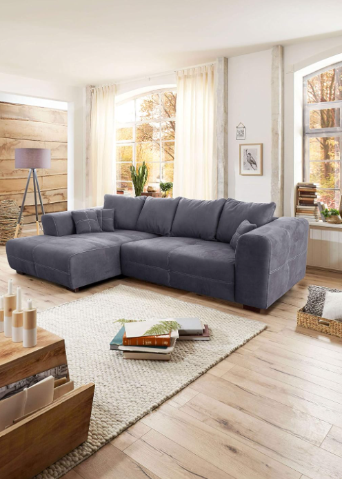 XXL Ecksofa mit Longchair Links, Rücken- & Zierkissen, Industrial Style, 285 x 69 x 170 cm