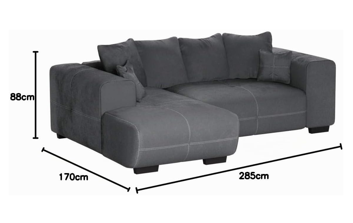 XXL Ecksofa mit Longchair Links, Rücken- & Zierkissen, Industrial Style, 285 x 69 x 170 cm