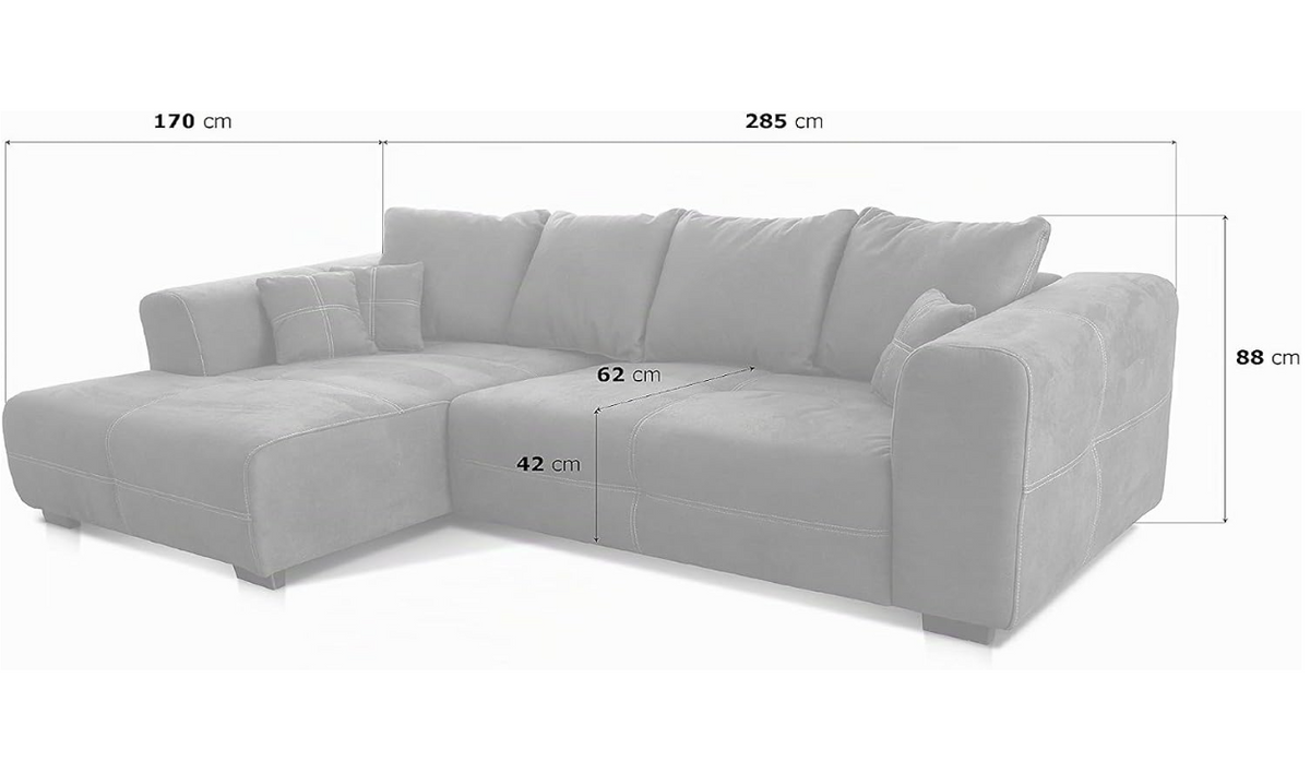 XXL Ecksofa mit Longchair Links, Rücken- & Zierkissen, Industrial Style, 285 x 69 x 170 cm