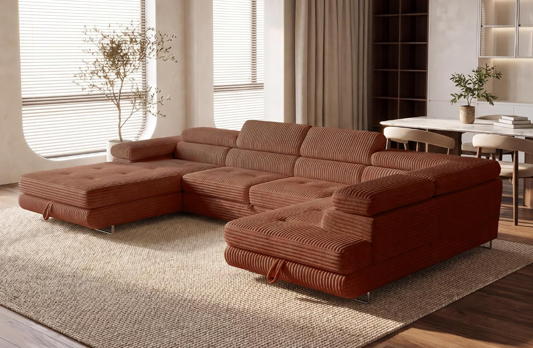XXL Wohnlandschaft U-Form mit Schlaffunktion & 2 Bettkästen, Breitcord Bezug, Rechts