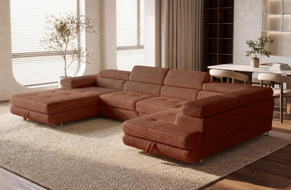 XXL Wohnlandschaft U-Form mit Schlaffunktion & 2 Bettkästen, Breitcord Bezug, Rechts