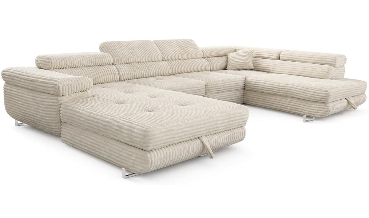 XXL Wohnlandschaft U-Form mit Schlaffunktion & 2 Bettkästen, Breitcord Bezug, Rechts