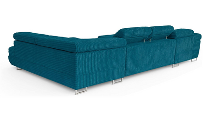 XXL Wohnlandschaft U-Form mit Schlaffunktion & 2 Bettkästen, Breitcord Bezug, Rechts