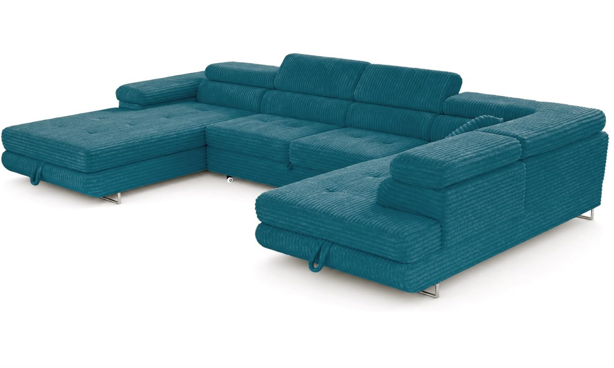 XXL Wohnlandschaft U-Form mit Schlaffunktion & 2 Bettkästen, Breitcord Bezug, Rechts