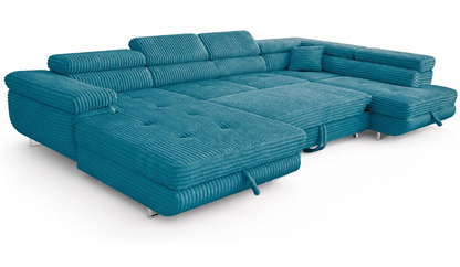 XXL Wohnlandschaft U-Form mit Schlaffunktion & 2 Bettkästen, Breitcord Bezug, Rechts