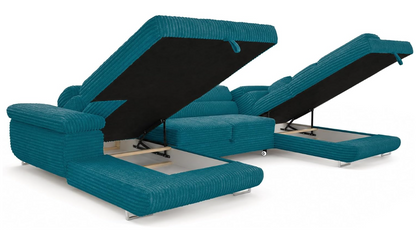 XXL Wohnlandschaft U-Form mit Schlaffunktion & 2 Bettkästen, Breitcord Bezug, Rechts