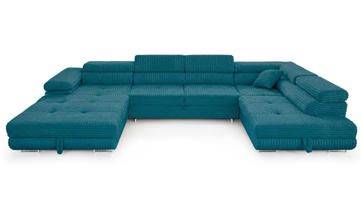 XXL Wohnlandschaft U-Form mit Schlaffunktion & 2 Bettkästen, Breitcord Bezug, Rechts