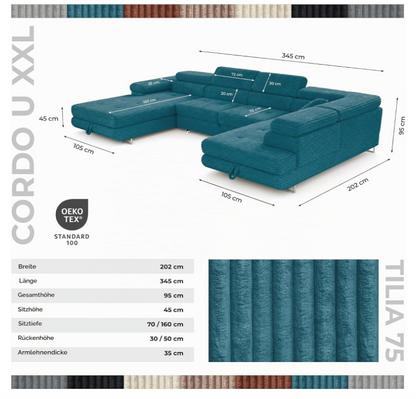 XXL Wohnlandschaft U-Form mit Schlaffunktion & 2 Bettkästen, Breitcord Bezug, Rechts