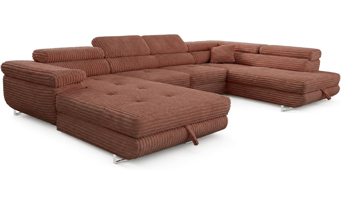 XXL Wohnlandschaft U-Form mit Schlaffunktion & 2 Bettkästen, Breitcord Bezug, Rechts