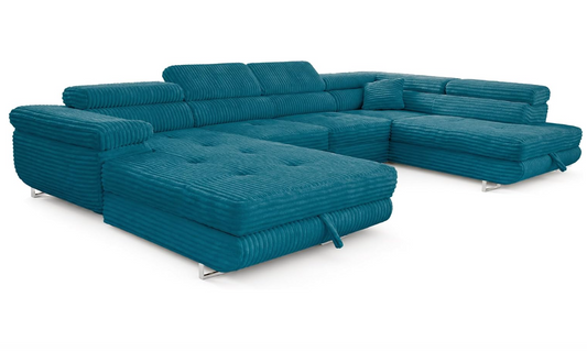 XXL Wohnlandschaft U-Form mit Schlaffunktion & 2 Bettkästen, Breitcord Bezug, Rechts