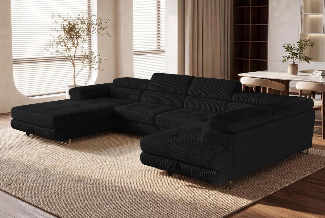 XXL Wohnlandschaft U-Form mit Schlaffunktion & 2 Bettkästen, Breitcord Bezug, Rechts