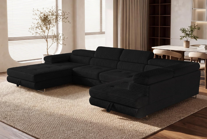 XXL Wohnlandschaft U-Form mit Schlaffunktion & 2 Bettkästen, Breitcord Bezug, Rechts