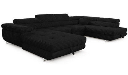 XXL Wohnlandschaft U-Form mit Schlaffunktion & 2 Bettkästen, Breitcord Bezug, Rechts