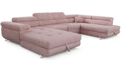 XXL Wohnlandschaft U-Form mit Schlaffunktion & 2 Bettkästen, Breitcord Bezug, Rechts