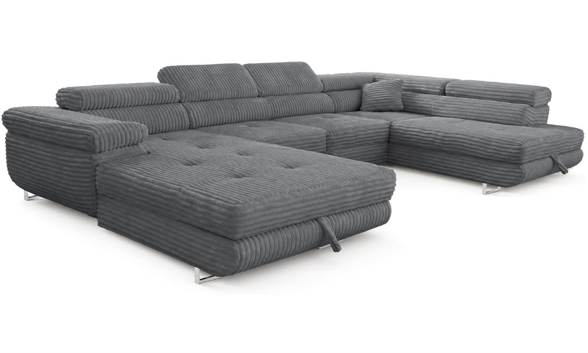 XXL Wohnlandschaft U-Form mit Schlaffunktion & 2 Bettkästen, Breitcord Bezug, Rechts