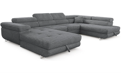 XXL Wohnlandschaft U-Form mit Schlaffunktion & 2 Bettkästen, Breitcord Bezug, Rechts