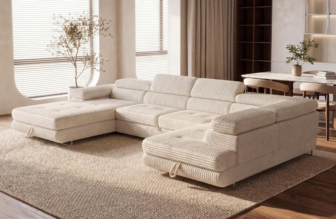 XXL Wohnlandschaft U-Form mit Schlaffunktion & 2 Bettkästen, Breitcord Bezug, Rechts