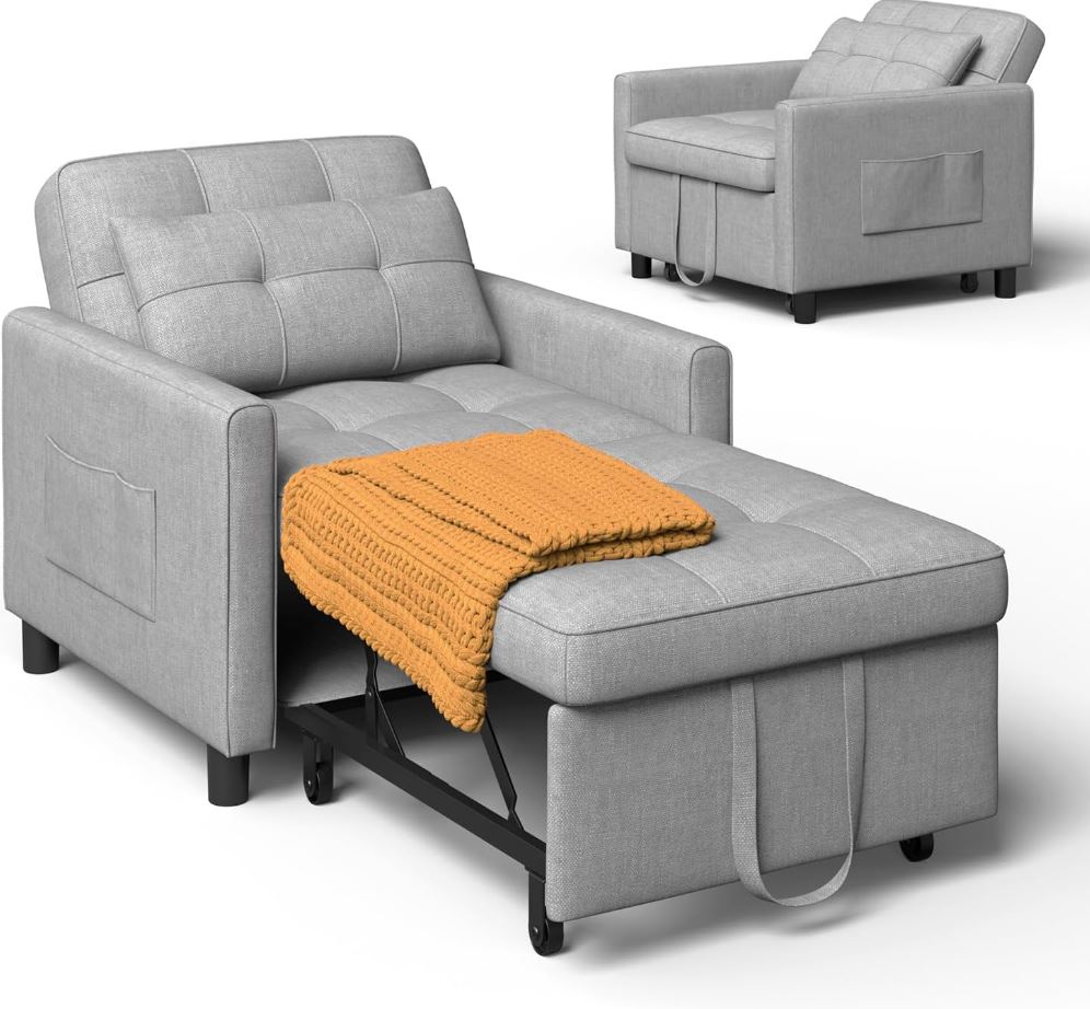 Schlafsessel mit Bettfunktion, Schlafsofa 3-in-1 ausziehbar, Hellgrau