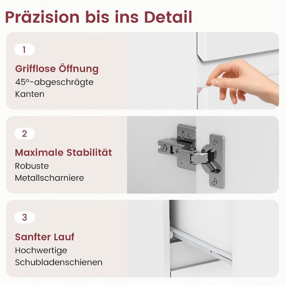 Sideboard 100 cm mit 2 Schubladen, 3 Türen und Einlegeböden, Weiß