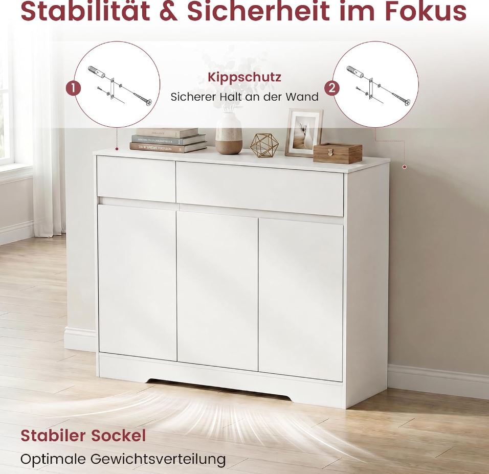 Sideboard 100 cm mit 2 Schubladen, 3 Türen und Einlegeböden, Weiß