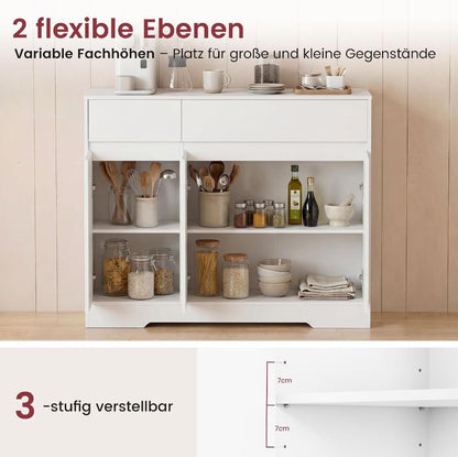 Sideboard 100 cm mit 2 Schubladen, 3 Türen und Einlegeböden, Weiß