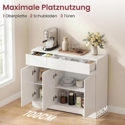 Sideboard 100 cm mit 2 Schubladen, 3 Türen und Einlegeböden, Weiß