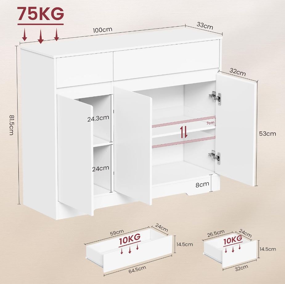 Sideboard 100 cm mit 2 Schubladen, 3 Türen und Einlegeböden, Weiß