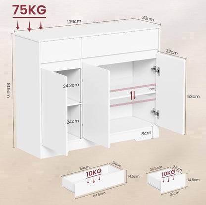 Sideboard 100 cm mit 2 Schubladen, 3 Türen und Einlegeböden, Weiß