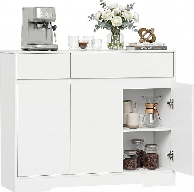 Sideboard 100 cm mit 2 Schubladen, 3 Türen und Einlegeböden, Weiß